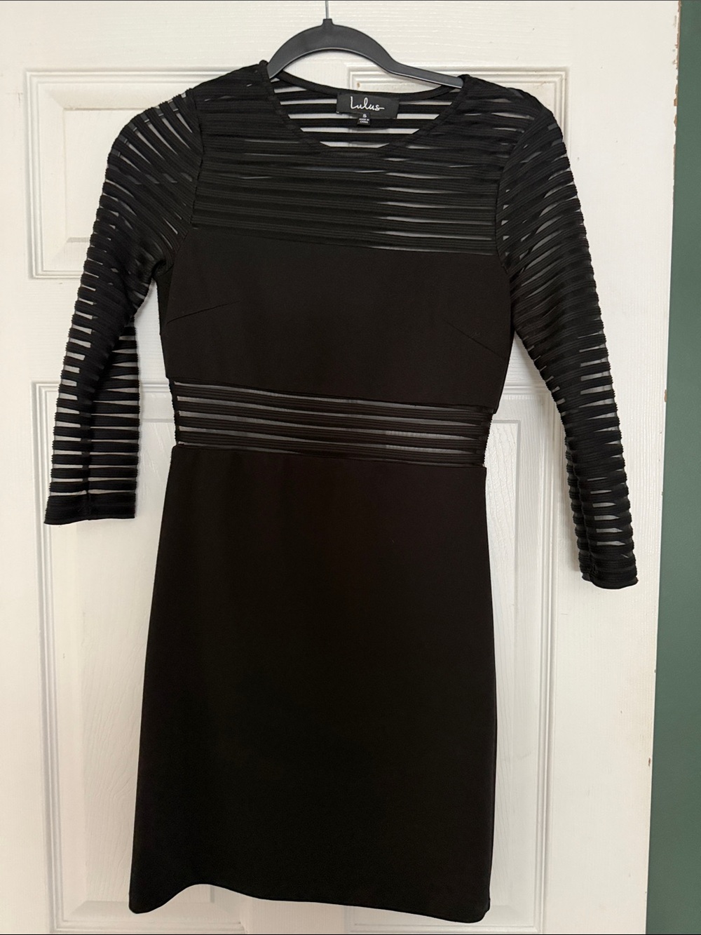 Lulu's Black Sheer-Stripe Long Sleeve Sheath Dress